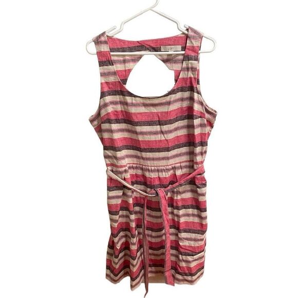 Ann Taylor LOFT Dress Womens 16 Striped Linen Blend Mini Belted Cut Out Back - Picture 1 of 13